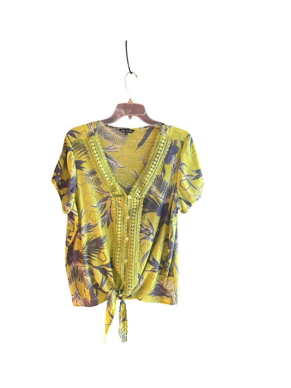 Unique Spectrum green blue gray tropical print button down blouse Size 1X
